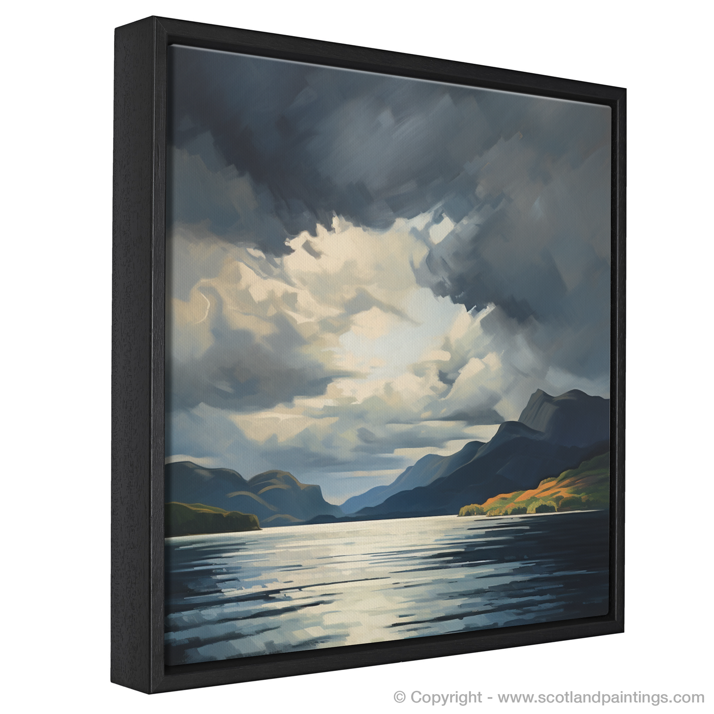Painting and Art Print of Storm clouds above Loch Lomond entitled "Storm Clouds over Loch Lomond: A Study in Light and Shadow".