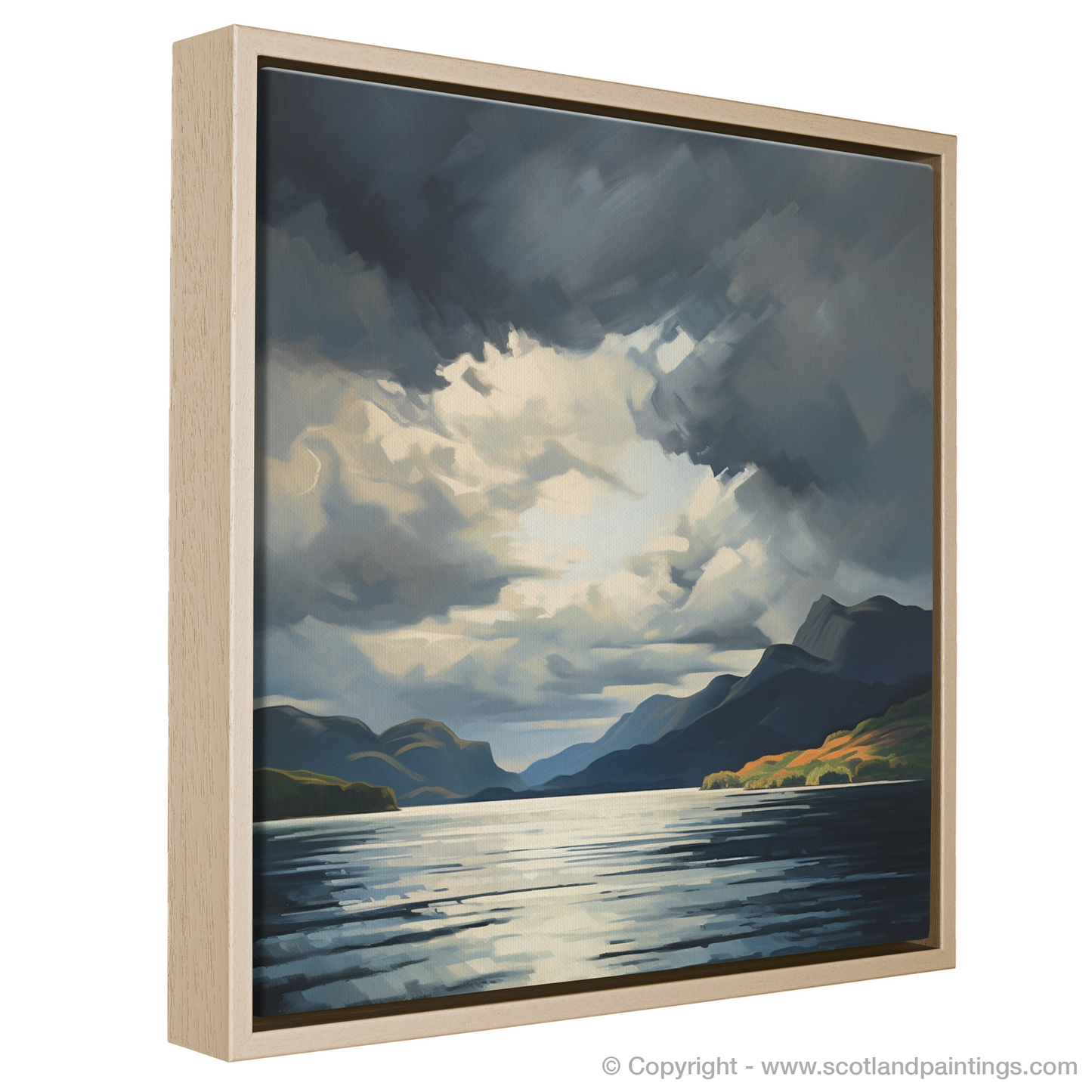 Painting and Art Print of Storm clouds above Loch Lomond entitled "Storm Clouds over Loch Lomond: A Study in Light and Shadow".