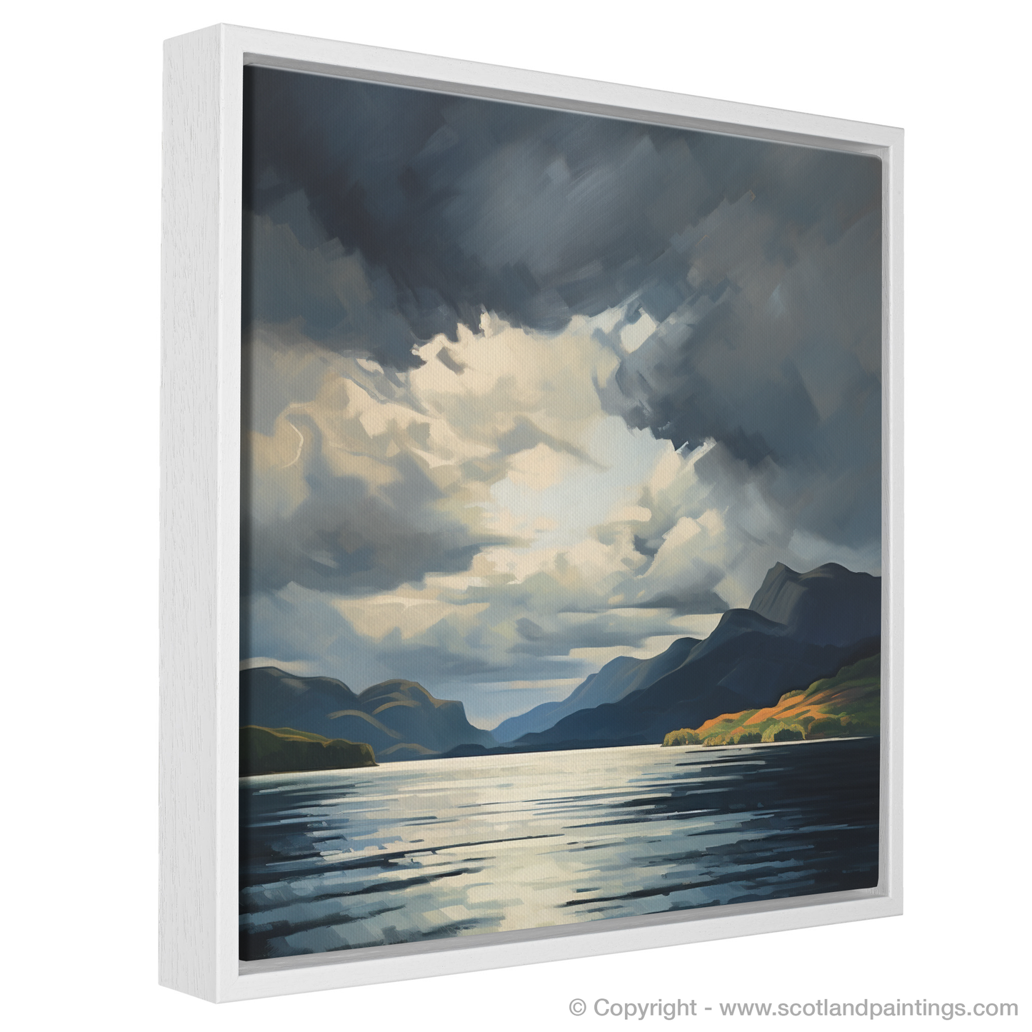 Painting and Art Print of Storm clouds above Loch Lomond entitled "Storm Clouds over Loch Lomond: A Study in Light and Shadow".