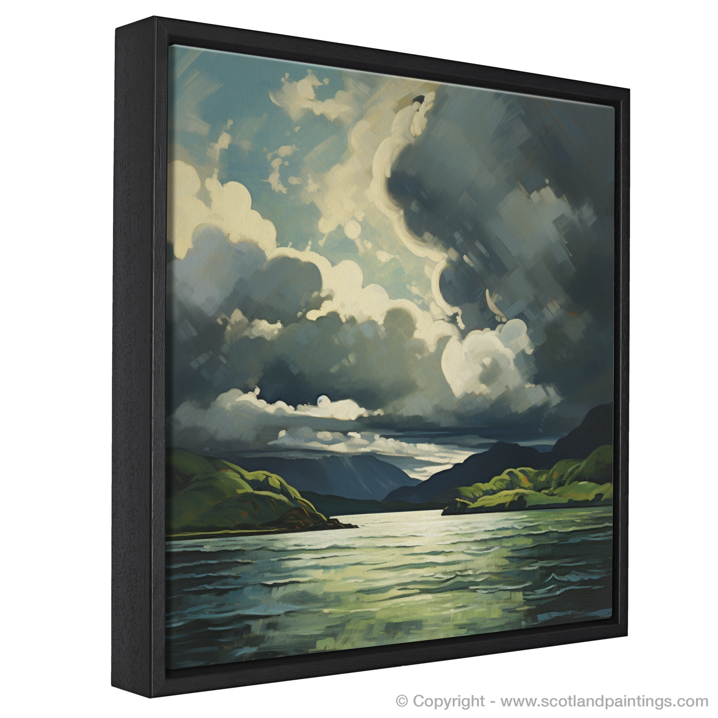 Painting and Art Print of Storm clouds above Loch Lomond entitled "Storm Over Loch Lomond: A Dance of Light and Shadow".