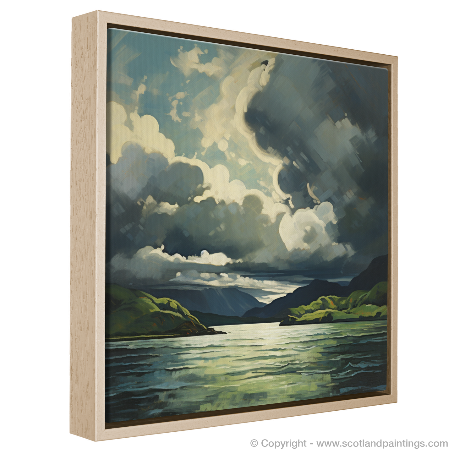 Painting and Art Print of Storm clouds above Loch Lomond entitled "Storm Over Loch Lomond: A Dance of Light and Shadow".