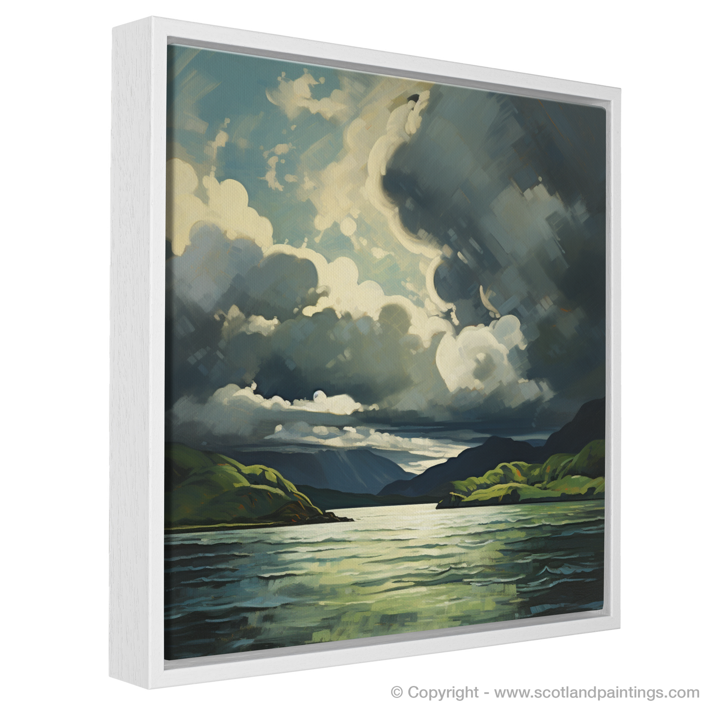 Painting and Art Print of Storm clouds above Loch Lomond entitled "Storm Over Loch Lomond: A Dance of Light and Shadow".