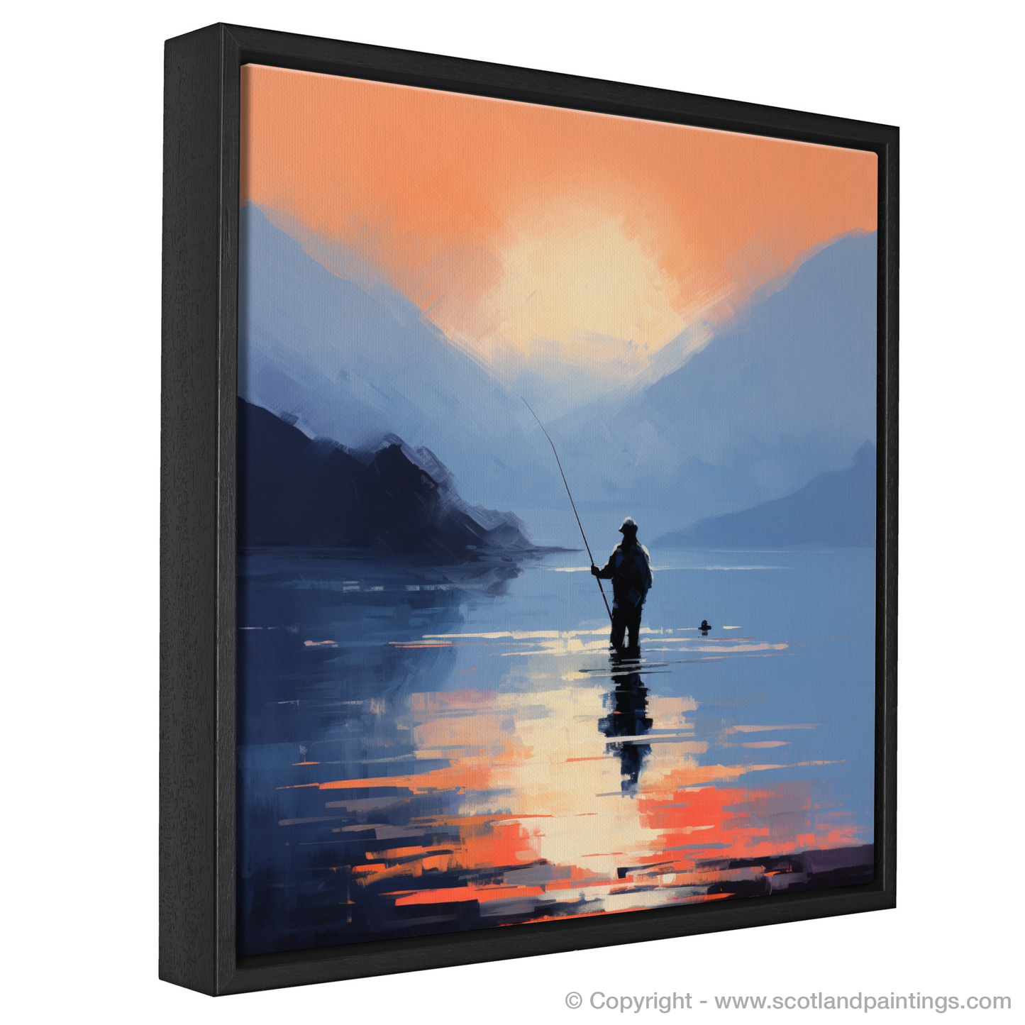 Painting and Art Print of Silhouetted fisherman on Loch Lomond entitled "Silhouetted Solitude at Dusk on Loch Lomond".