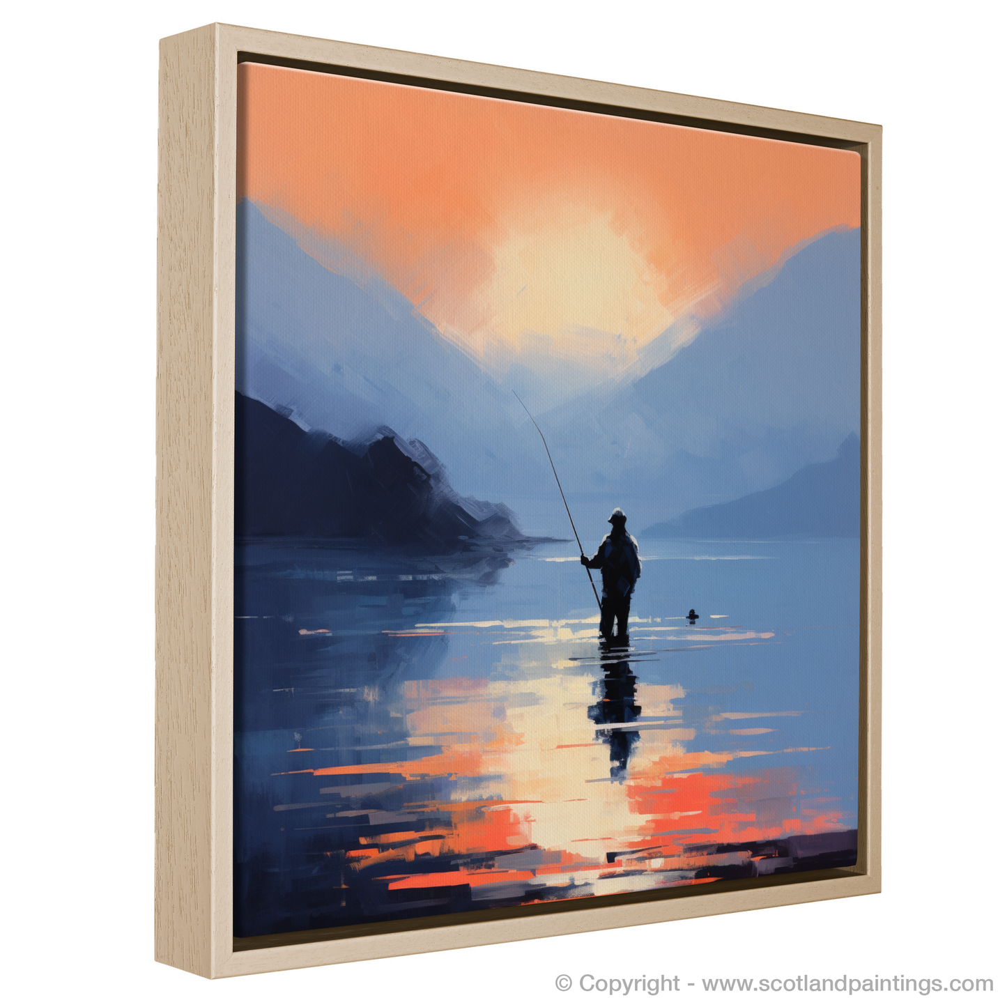 Painting and Art Print of Silhouetted fisherman on Loch Lomond entitled "Silhouetted Solitude at Dusk on Loch Lomond".