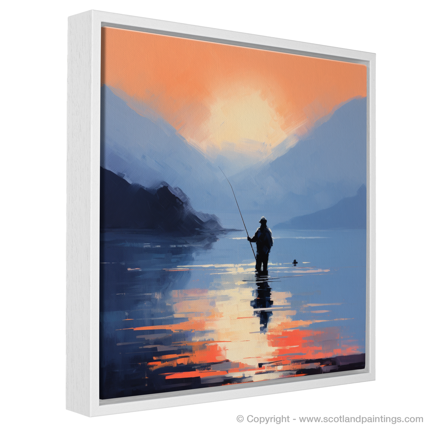 Painting and Art Print of Silhouetted fisherman on Loch Lomond entitled "Silhouetted Solitude at Dusk on Loch Lomond".