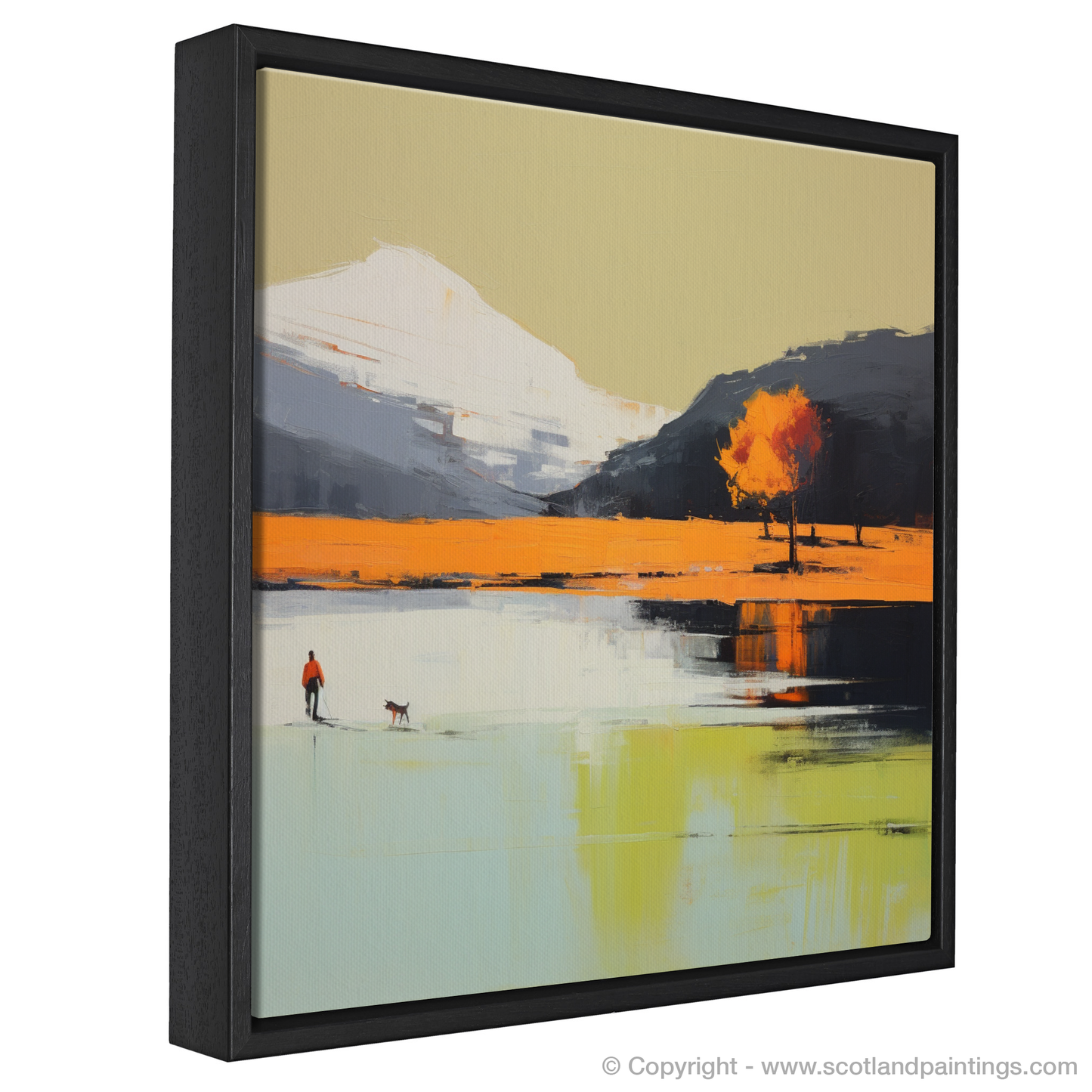 Painting and Art Print of A man walking dog at the side of Loch Lomond entitled "Lomond Serenity: A Walk with Man's Best Friend".