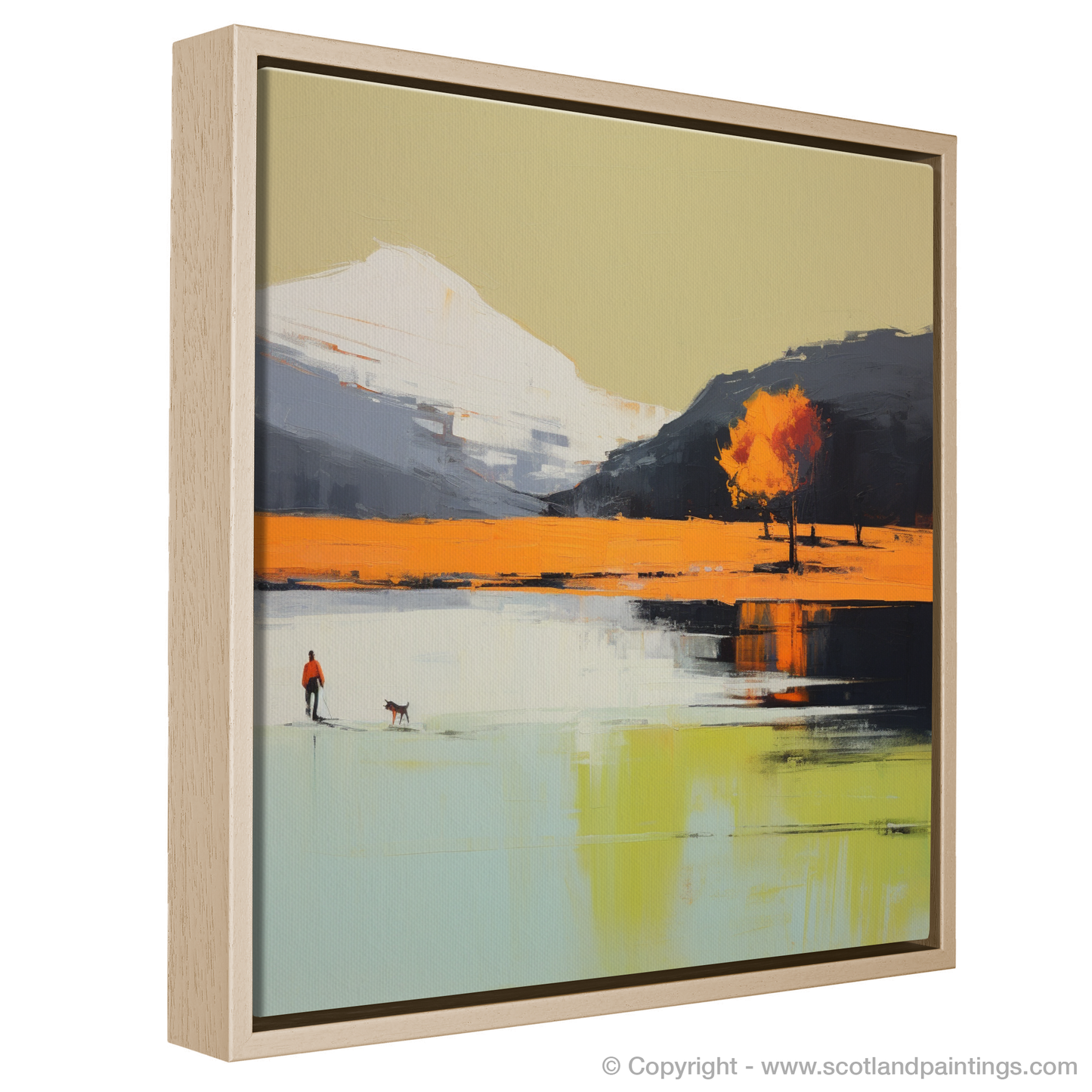 Painting and Art Print of A man walking dog at the side of Loch Lomond entitled "Lomond Serenity: A Walk with Man's Best Friend".