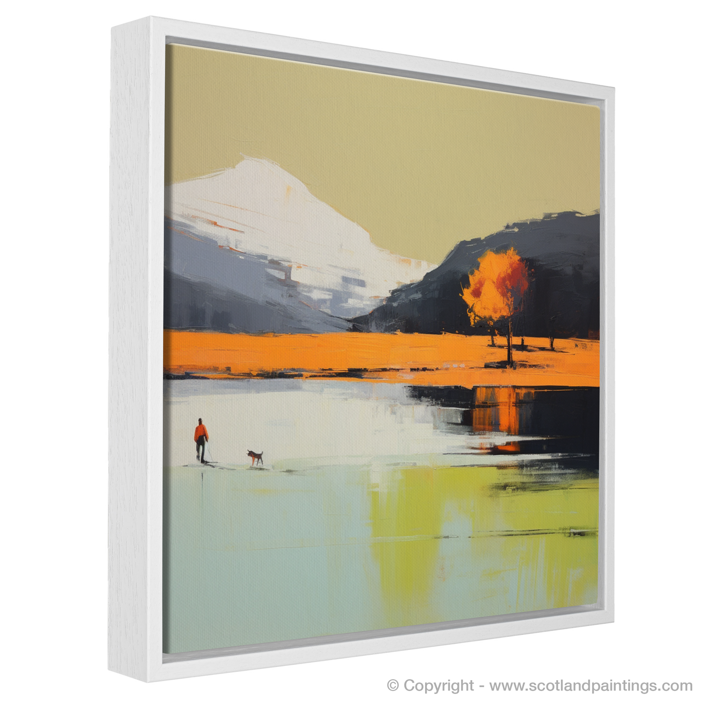 Painting and Art Print of A man walking dog at the side of Loch Lomond entitled "Lomond Serenity: A Walk with Man's Best Friend".