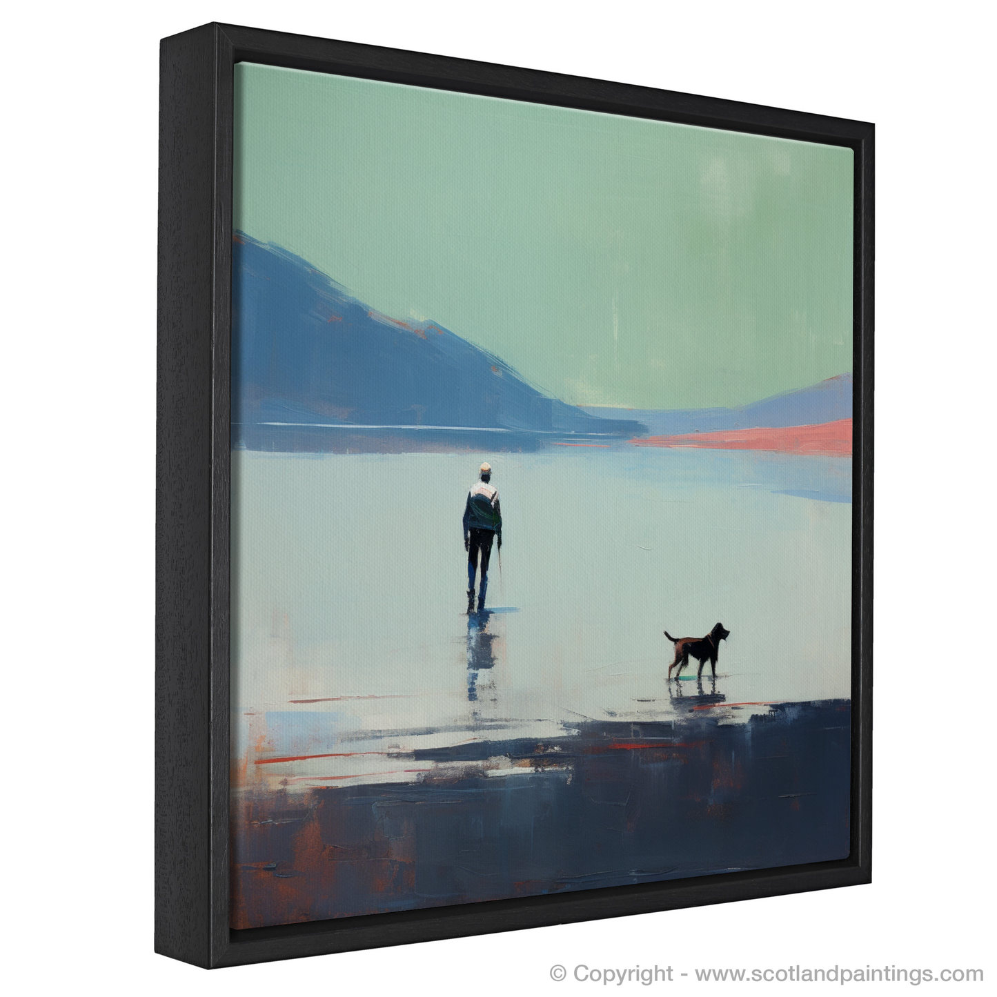 Painting and Art Print of A man walking dog at the side of Loch Lomond entitled "Walking Companion by Loch Lomond".