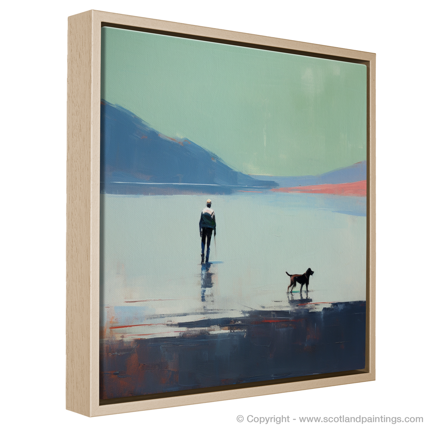 Painting and Art Print of A man walking dog at the side of Loch Lomond entitled "Walking Companion by Loch Lomond".