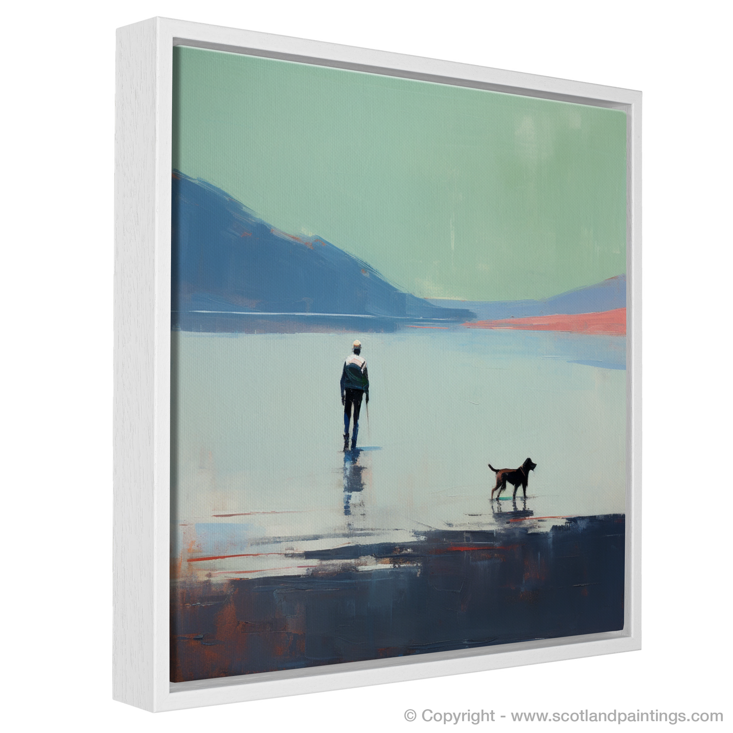 Painting and Art Print of A man walking dog at the side of Loch Lomond entitled "Walking Companion by Loch Lomond".