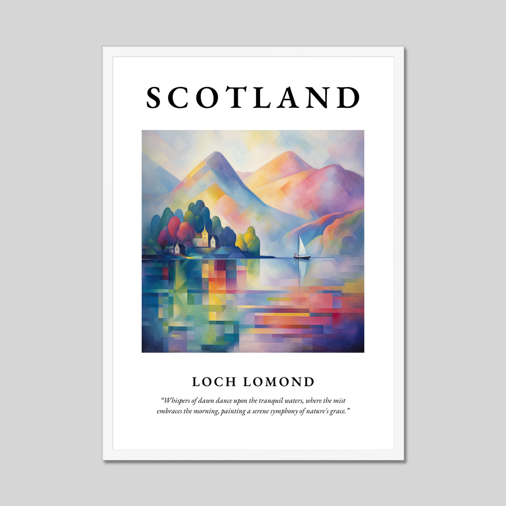 Poster in a white frame with the word Scotland