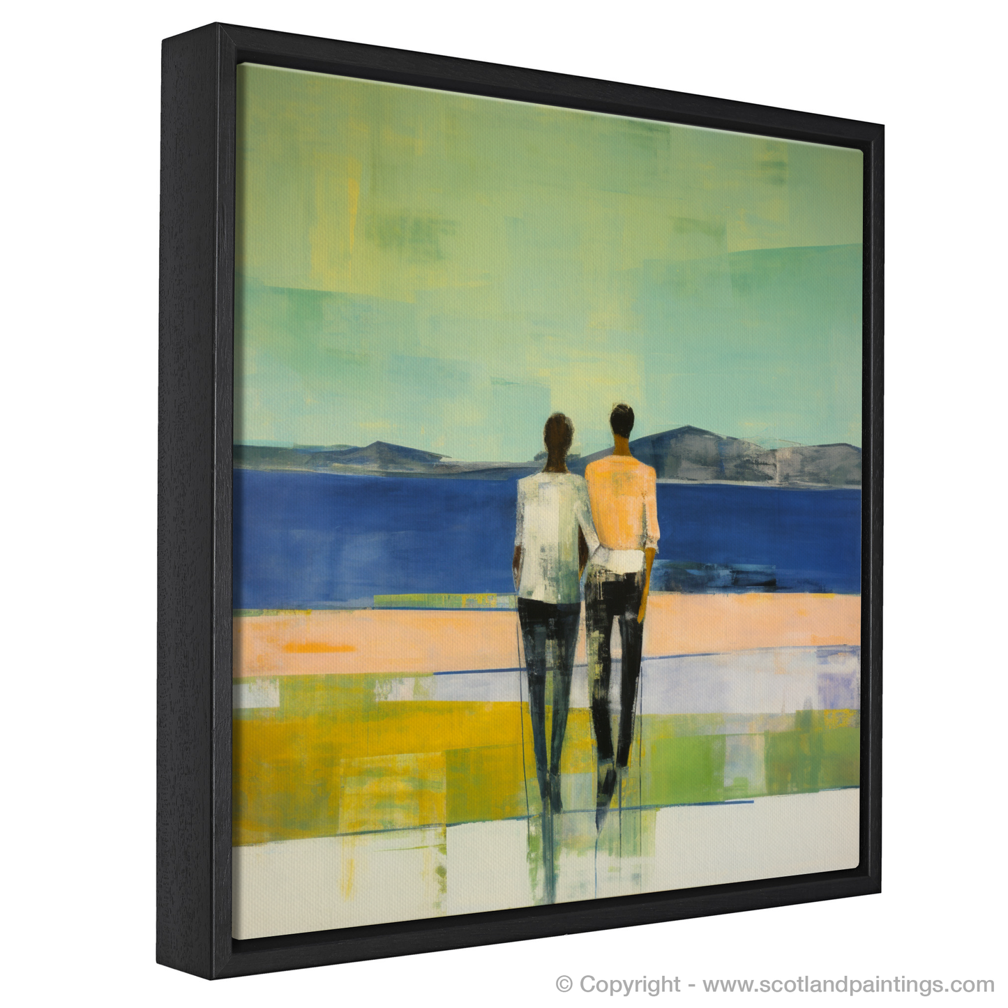 Painting and Art Print of A couple holding hands looking out on Loch Lomond entitled "Embracing Serenity: A Loch Lomond Reverie".