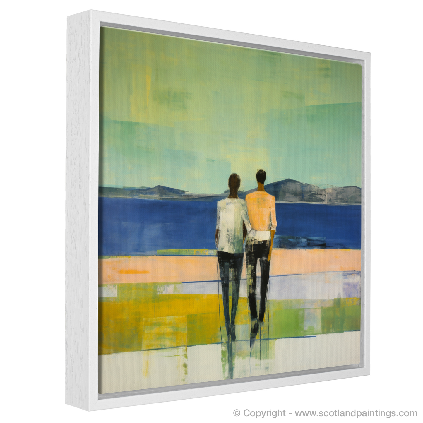 Painting and Art Print of A couple holding hands looking out on Loch Lomond entitled "Embracing Serenity: A Loch Lomond Reverie".