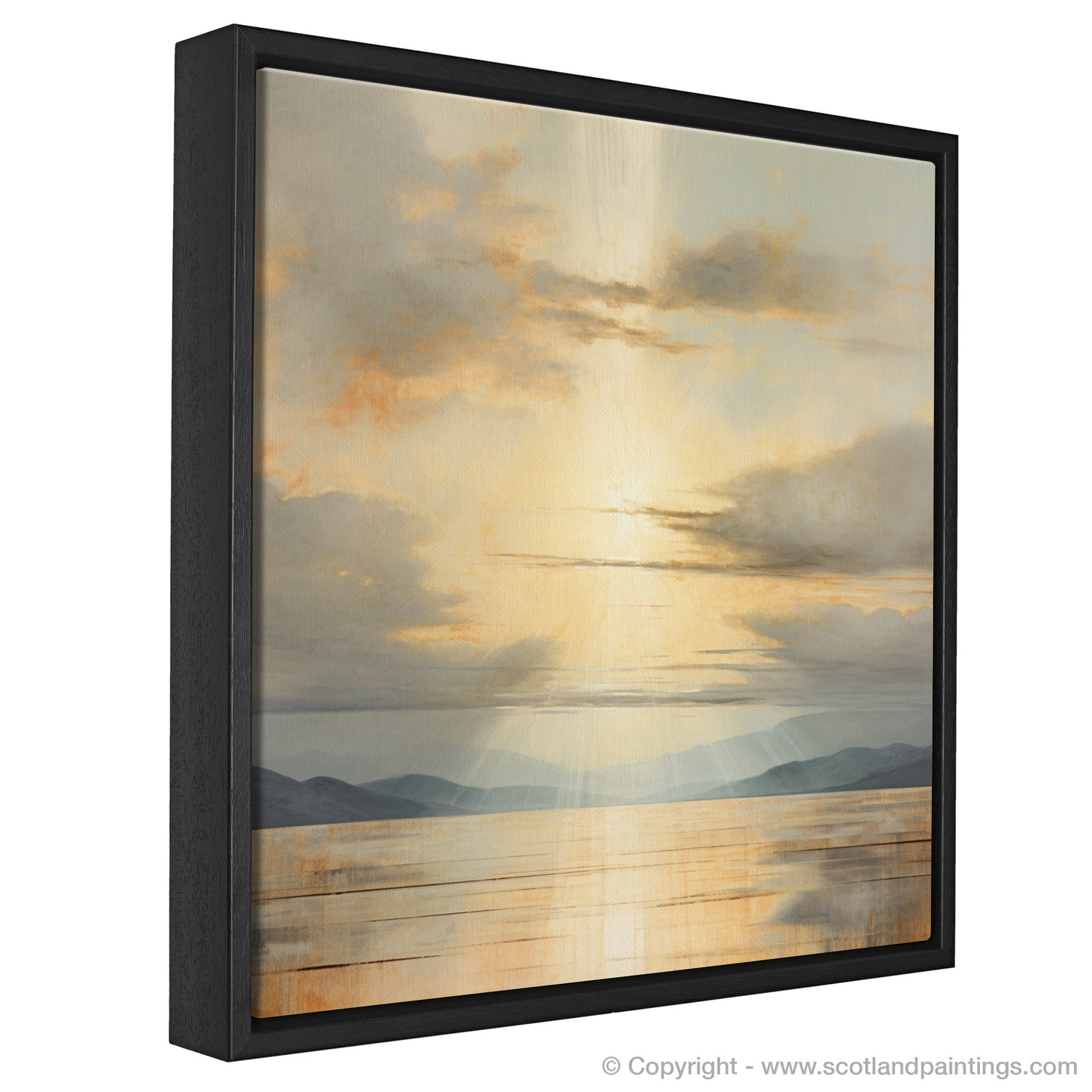 Painting and Art Print of Sun rays through clouds above Loch Lomond entitled "Sunlit Serenity over Loch Lomond".