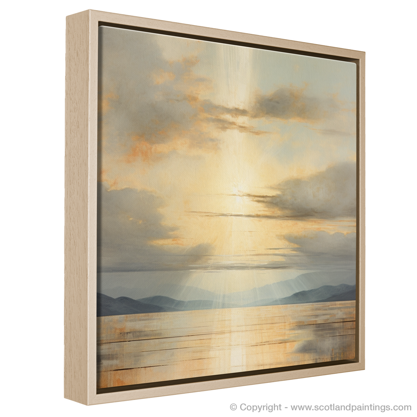 Painting and Art Print of Sun rays through clouds above Loch Lomond entitled "Sunlit Serenity over Loch Lomond".