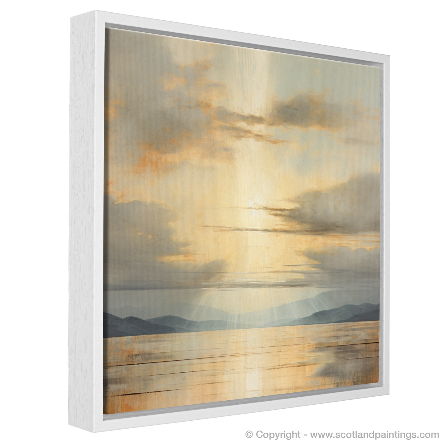 Painting and Art Print of Sun rays through clouds above Loch Lomond entitled "Sunlit Serenity over Loch Lomond".