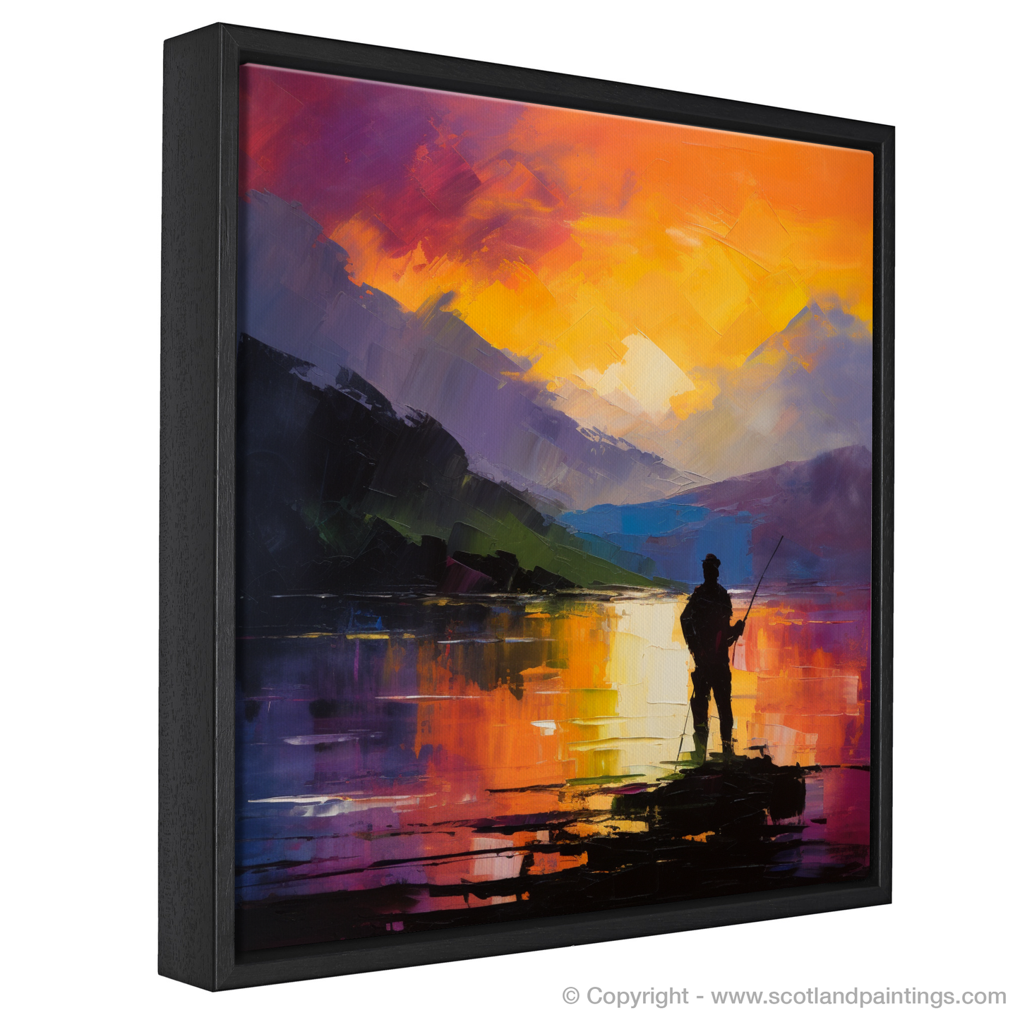 Painting and Art Print of Silhouetted fisherman on Loch Lomond. Silhouetted Fisherman at Twilight: An Abstract Expressionist Tribute to Loch Lomond.