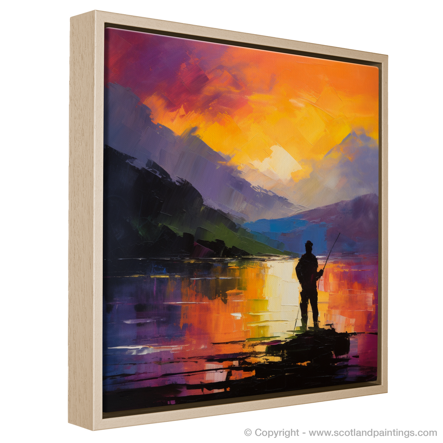 Painting and Art Print of Silhouetted fisherman on Loch Lomond. Silhouetted Fisherman at Twilight: An Abstract Expressionist Tribute to Loch Lomond.