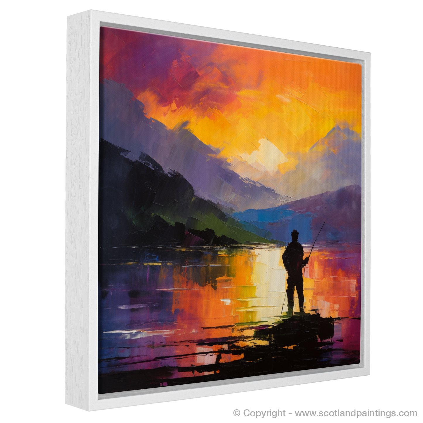 Painting and Art Print of Silhouetted fisherman on Loch Lomond. Silhouetted Fisherman at Twilight: An Abstract Expressionist Tribute to Loch Lomond.