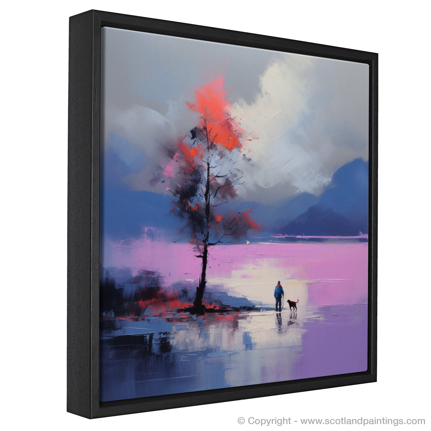 Painting and Art Print of A man walking dog at the side of Loch Lomond entitled "Companions by Loch Lomond: An Expressionist Journey".