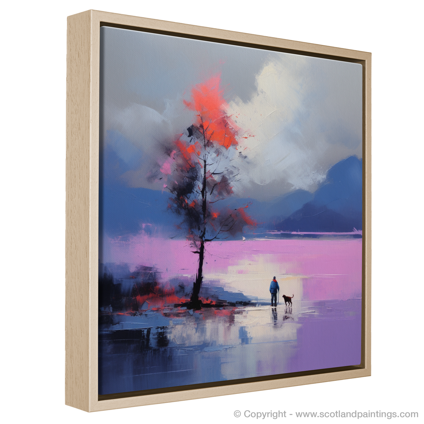 Painting and Art Print of A man walking dog at the side of Loch Lomond entitled "Companions by Loch Lomond: An Expressionist Journey".