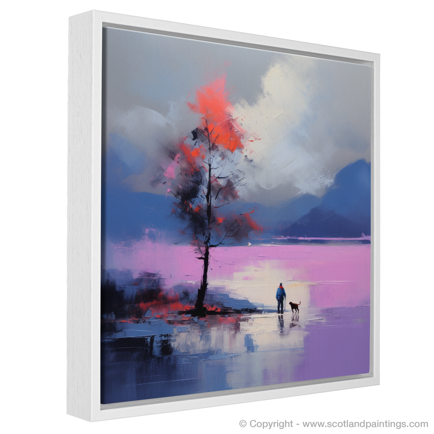 Painting and Art Print of A man walking dog at the side of Loch Lomond entitled "Companions by Loch Lomond: An Expressionist Journey".