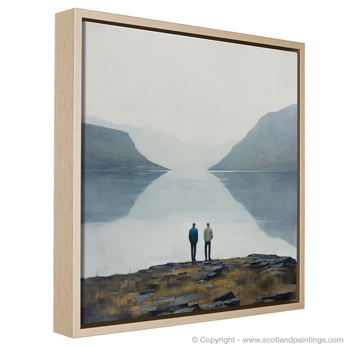Painting and Art Print of Two hikers looking out on Loch Lomond. Minimalist Majesty: Hikers at Loch Lomond.