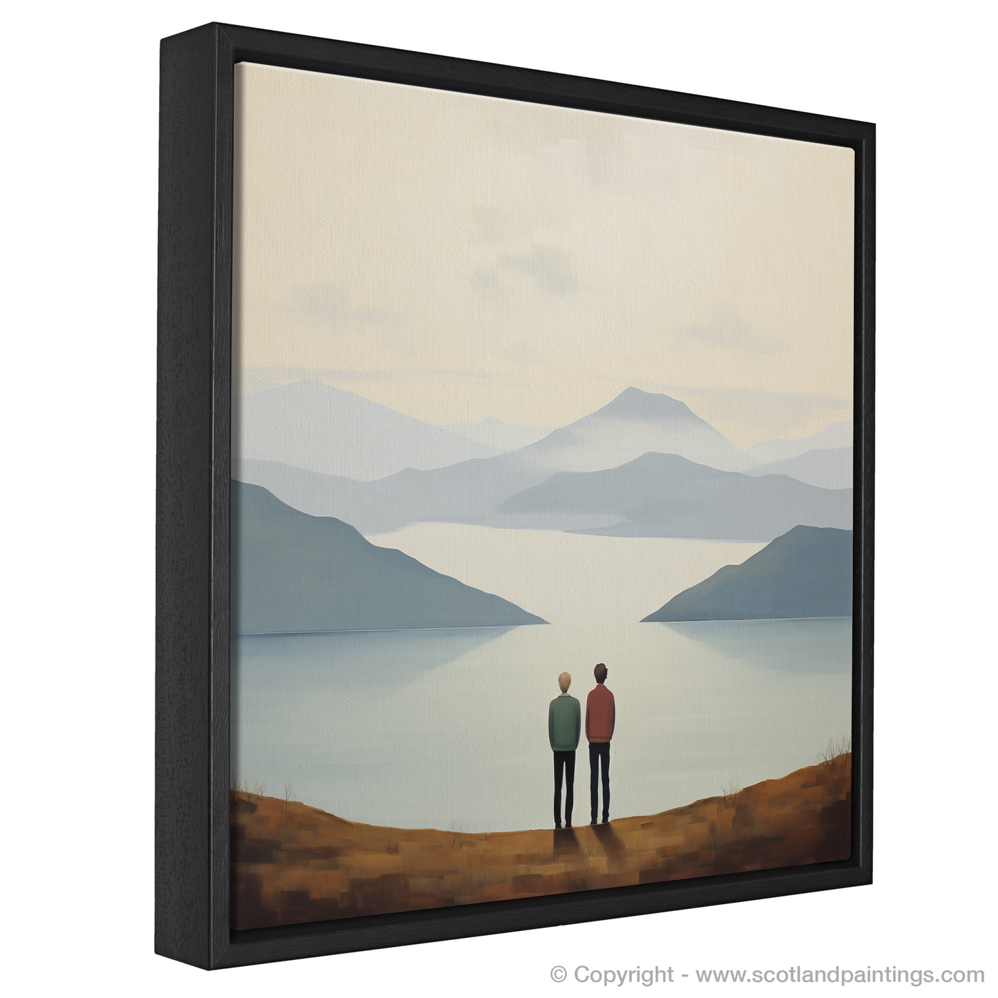 Painting and Art Print of Two hikers looking out on Loch Lomond. Hikers' Repose at Loch Lomond: A Minimalist Homage.