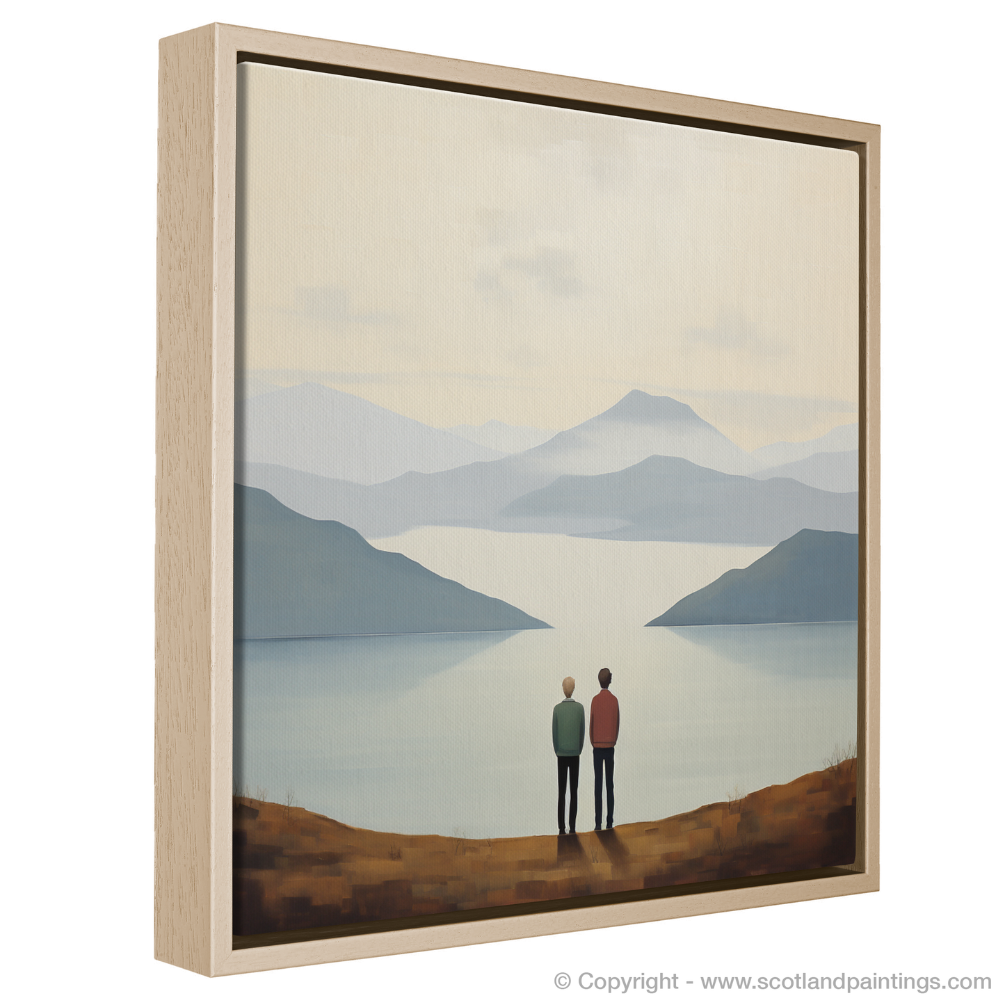 Painting and Art Print of Two hikers looking out on Loch Lomond. Hikers' Repose at Loch Lomond: A Minimalist Homage.