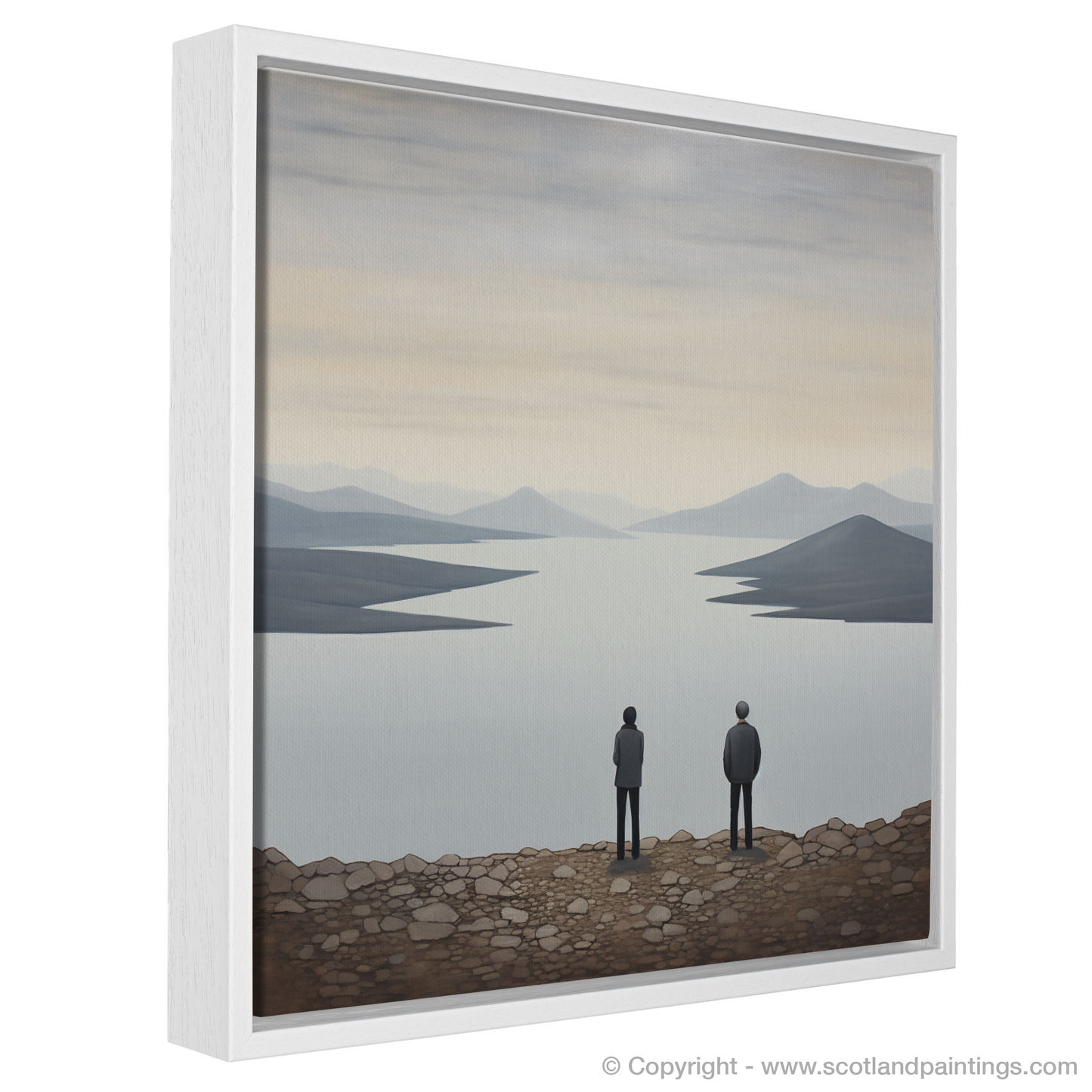 Painting and Art Print of Two hikers looking out on Loch Lomond entitled "Hikers' View: the Essence of Loch Lomond".