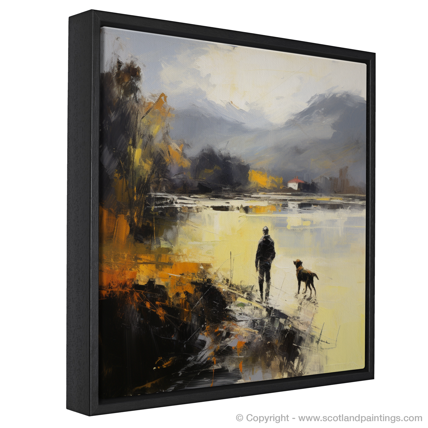 Painting and Art Print of A man walking dog at the side of Loch Lomond entitled "Walking with Serenity: An Abstract View of Loch Lomond".