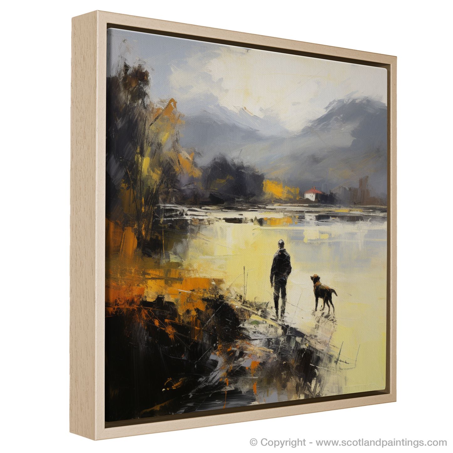 Painting and Art Print of A man walking dog at the side of Loch Lomond entitled "Walking with Serenity: An Abstract View of Loch Lomond".