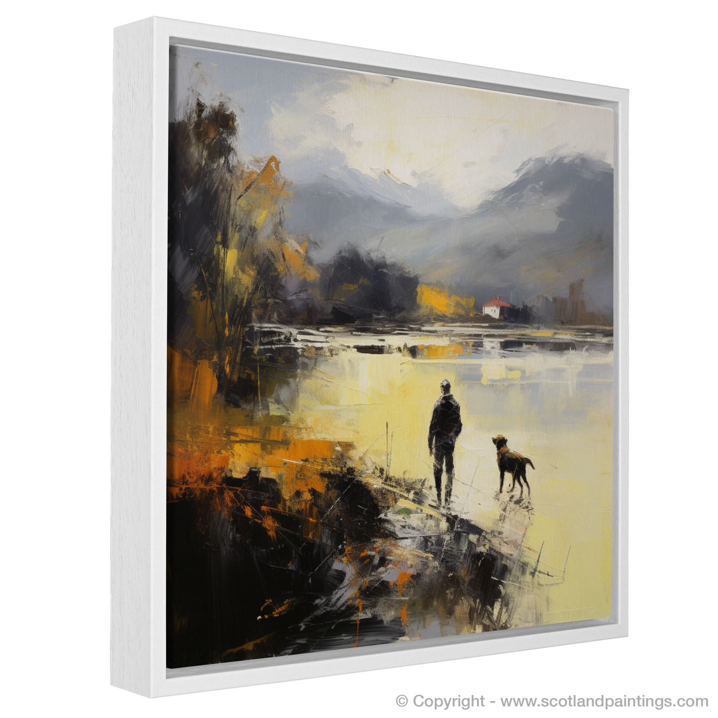 Painting and Art Print of A man walking dog at the side of Loch Lomond entitled "Walking with Serenity: An Abstract View of Loch Lomond".