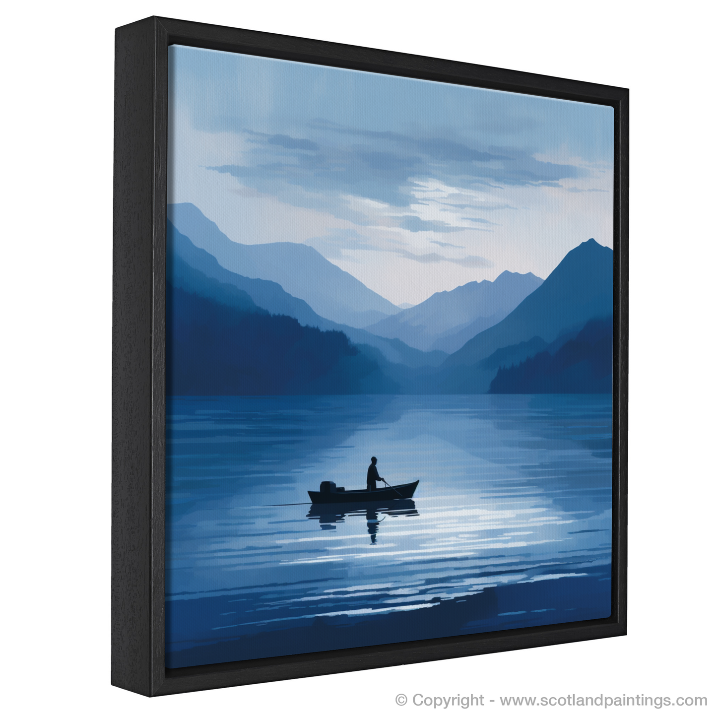 Painting and Art Print of Silhouetted fisherman on Loch Lomond entitled "Silhouetted Fisherman on Loch Lomond: A Study in Serenity and Light".