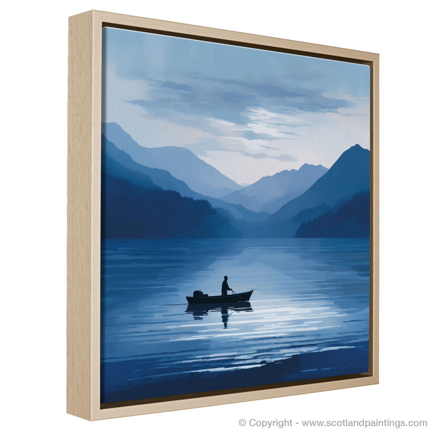 Painting and Art Print of Silhouetted fisherman on Loch Lomond entitled "Silhouetted Fisherman on Loch Lomond: A Study in Serenity and Light".