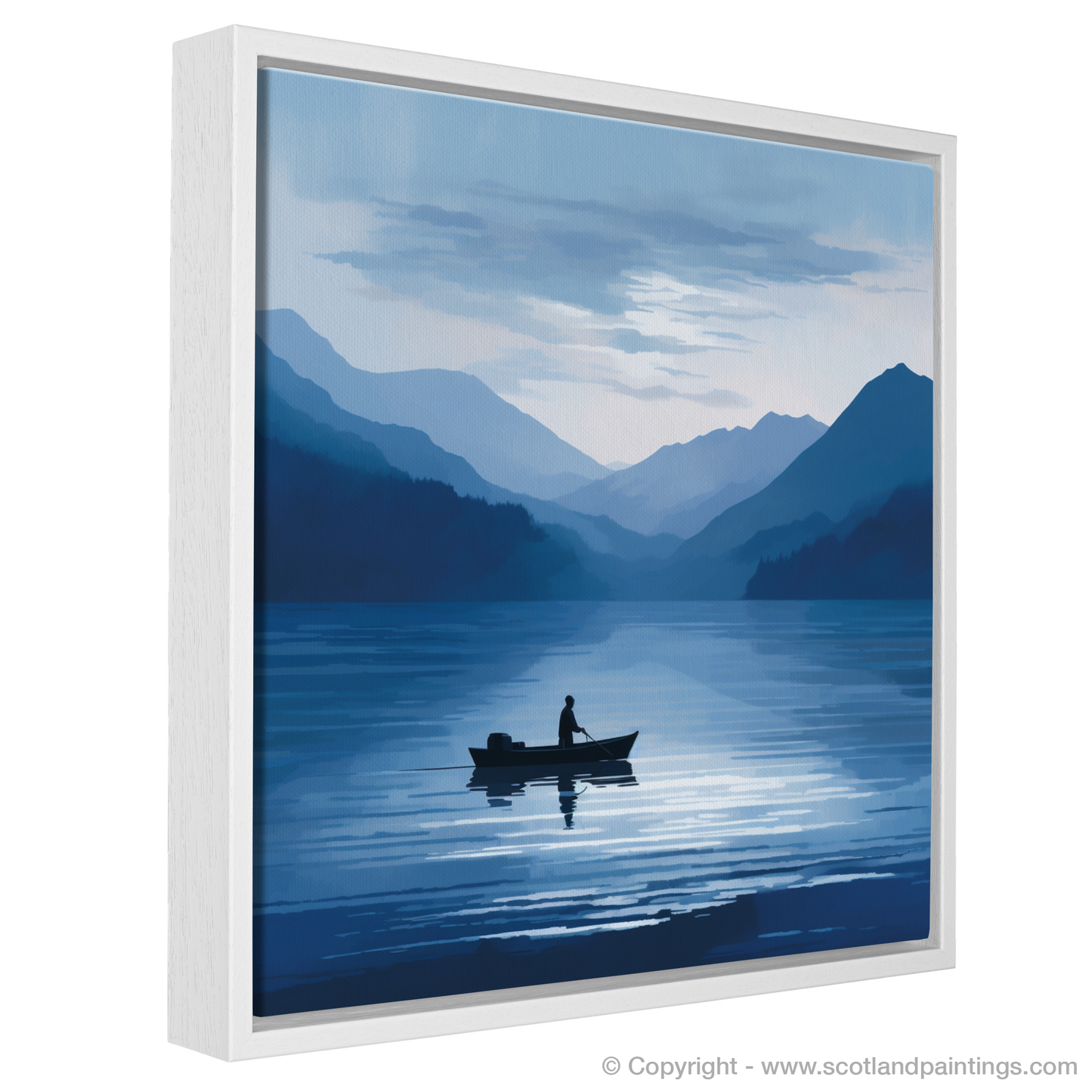 Painting and Art Print of Silhouetted fisherman on Loch Lomond entitled "Silhouetted Fisherman on Loch Lomond: A Study in Serenity and Light".