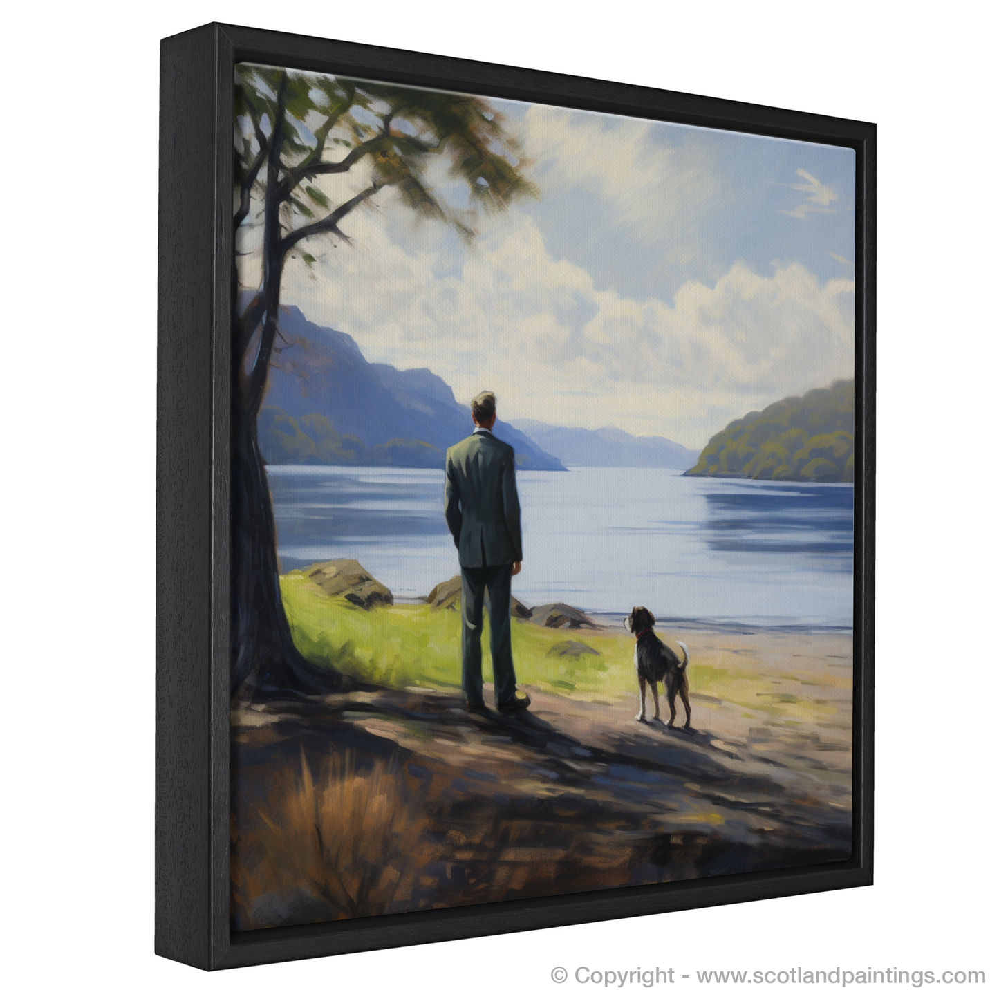Painting and Art Print of A man walking dog at the side of Loch Lomond entitled "Reflections of Serenity: A Man and His Dog at Loch Lomond".