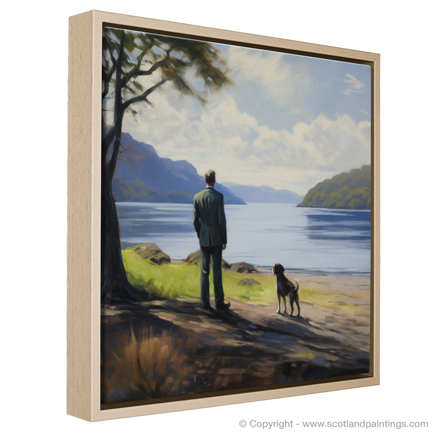 Painting and Art Print of A man walking dog at the side of Loch Lomond entitled "Reflections of Serenity: A Man and His Dog at Loch Lomond".