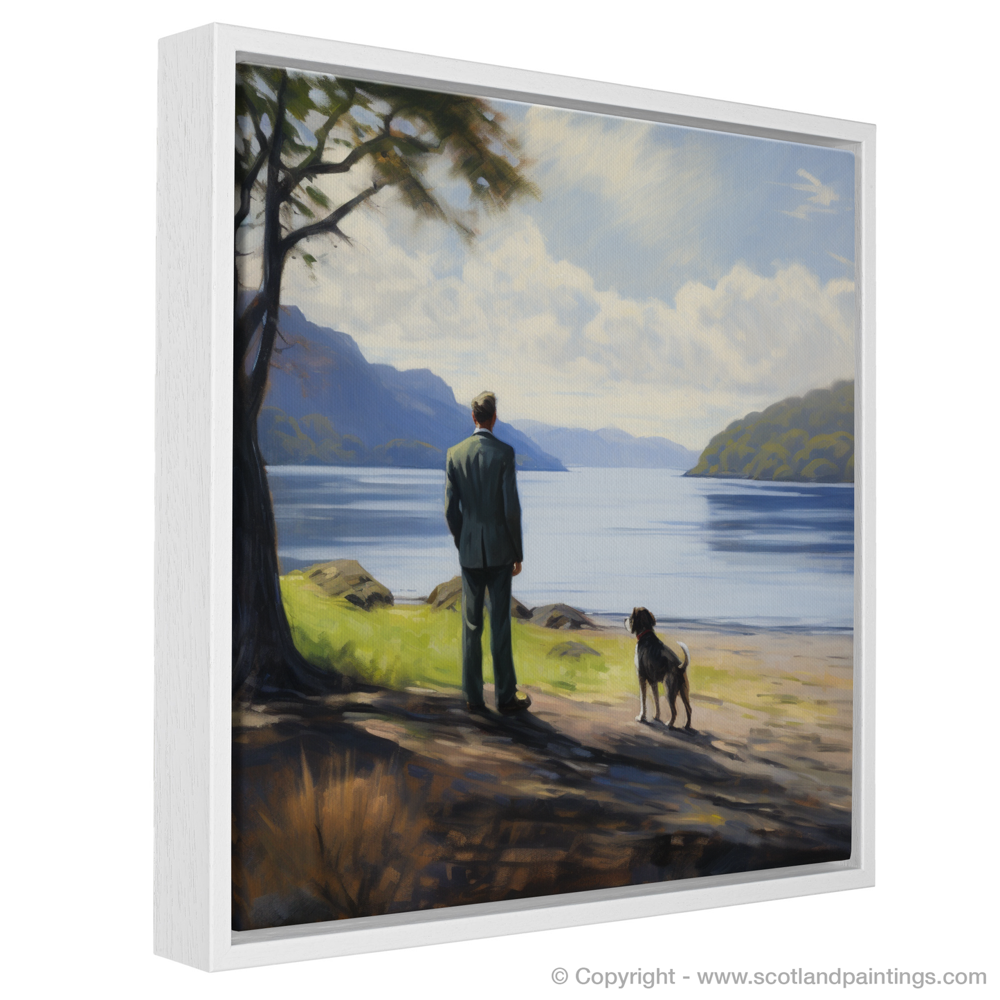 Painting and Art Print of A man walking dog at the side of Loch Lomond entitled "Reflections of Serenity: A Man and His Dog at Loch Lomond".