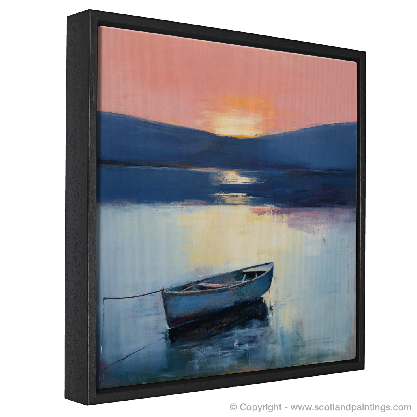 Painting and Art Print of Lone rowboat on Loch Lomond at dusk entitled "Dusk Embrace on Loch Lomond".