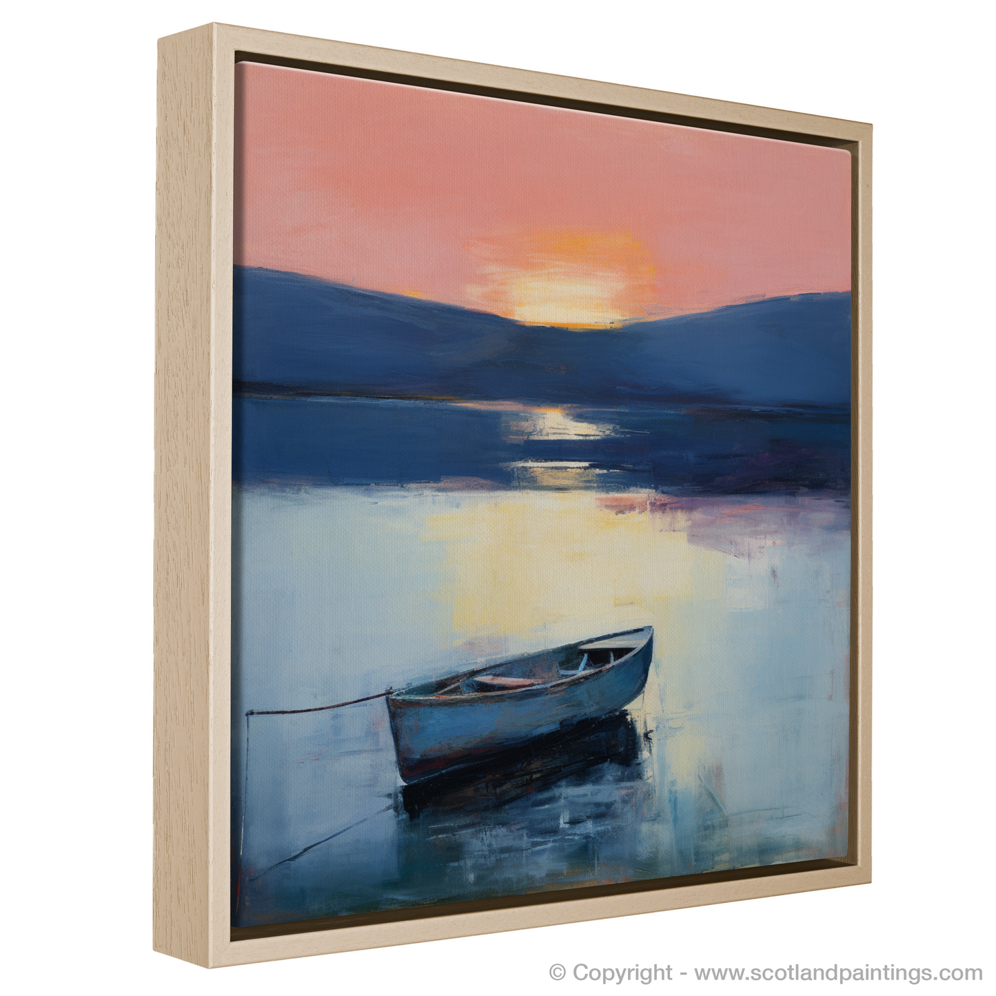 Painting and Art Print of Lone rowboat on Loch Lomond at dusk entitled "Dusk Embrace on Loch Lomond".
