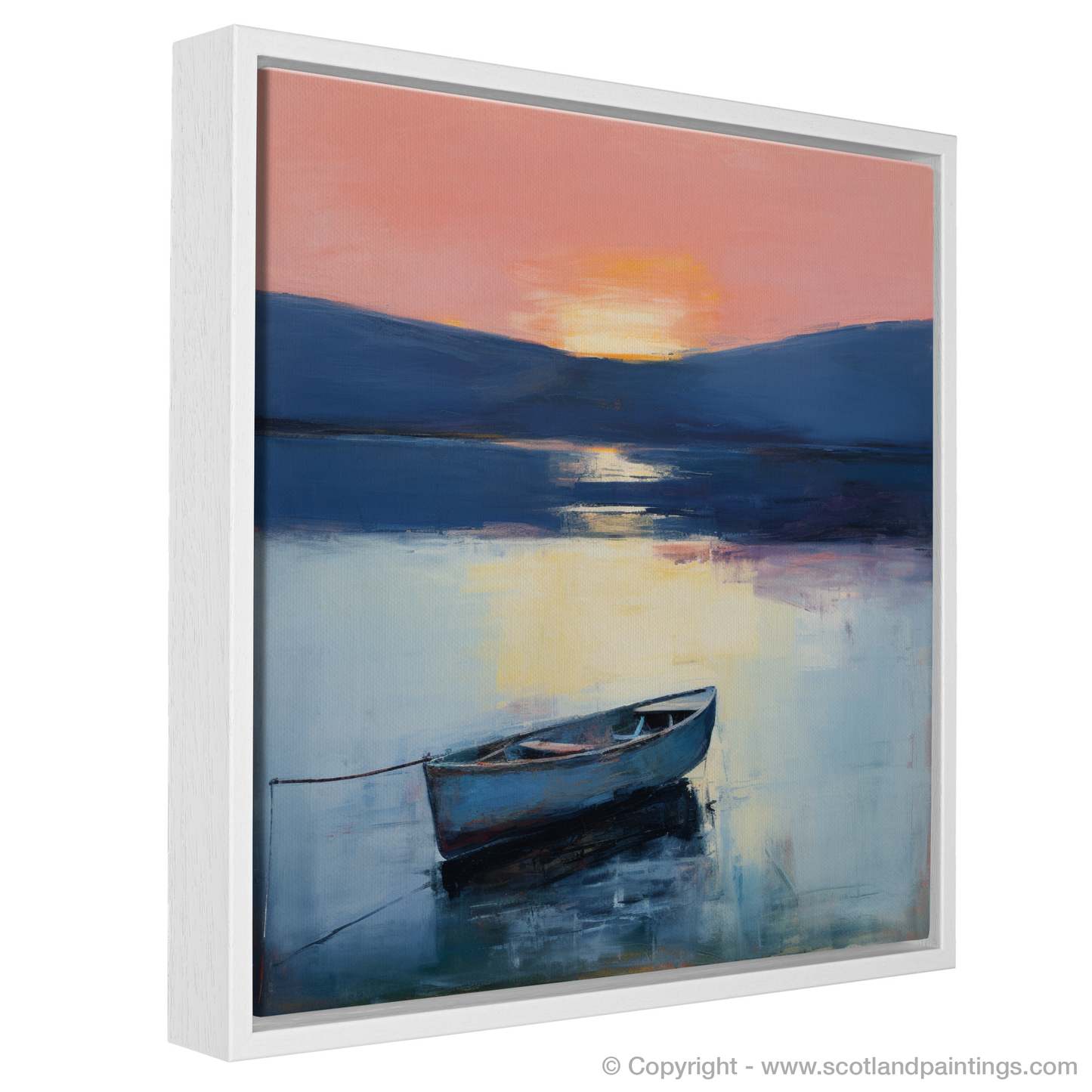 Painting and Art Print of Lone rowboat on Loch Lomond at dusk entitled "Dusk Embrace on Loch Lomond".