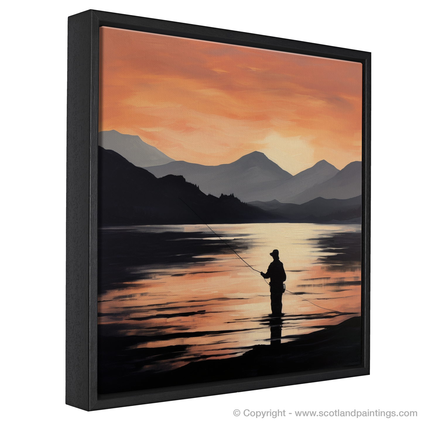 Painting and Art Print of Silhouetted fisherman on Loch Lomond entitled "Silhouetted Fisherman at Dusk on Loch Lomond".