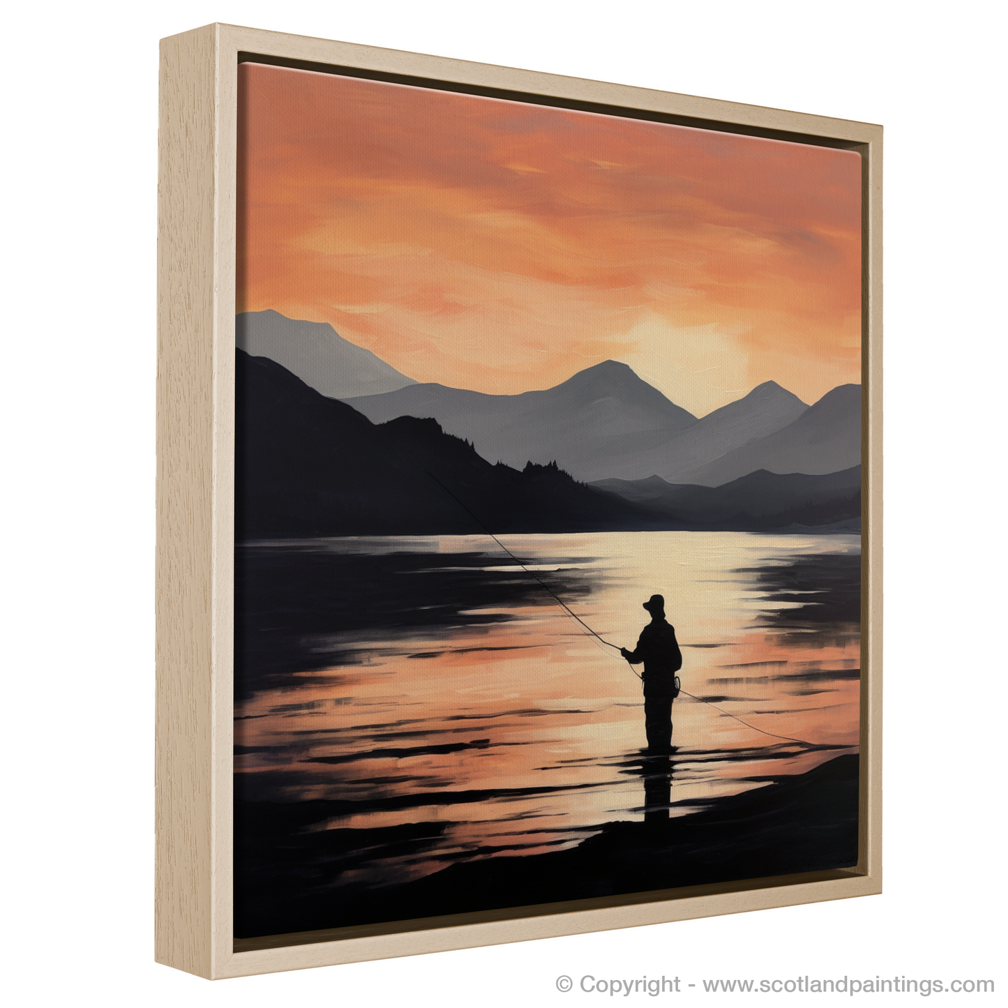 Painting and Art Print of Silhouetted fisherman on Loch Lomond entitled "Silhouetted Fisherman at Dusk on Loch Lomond".