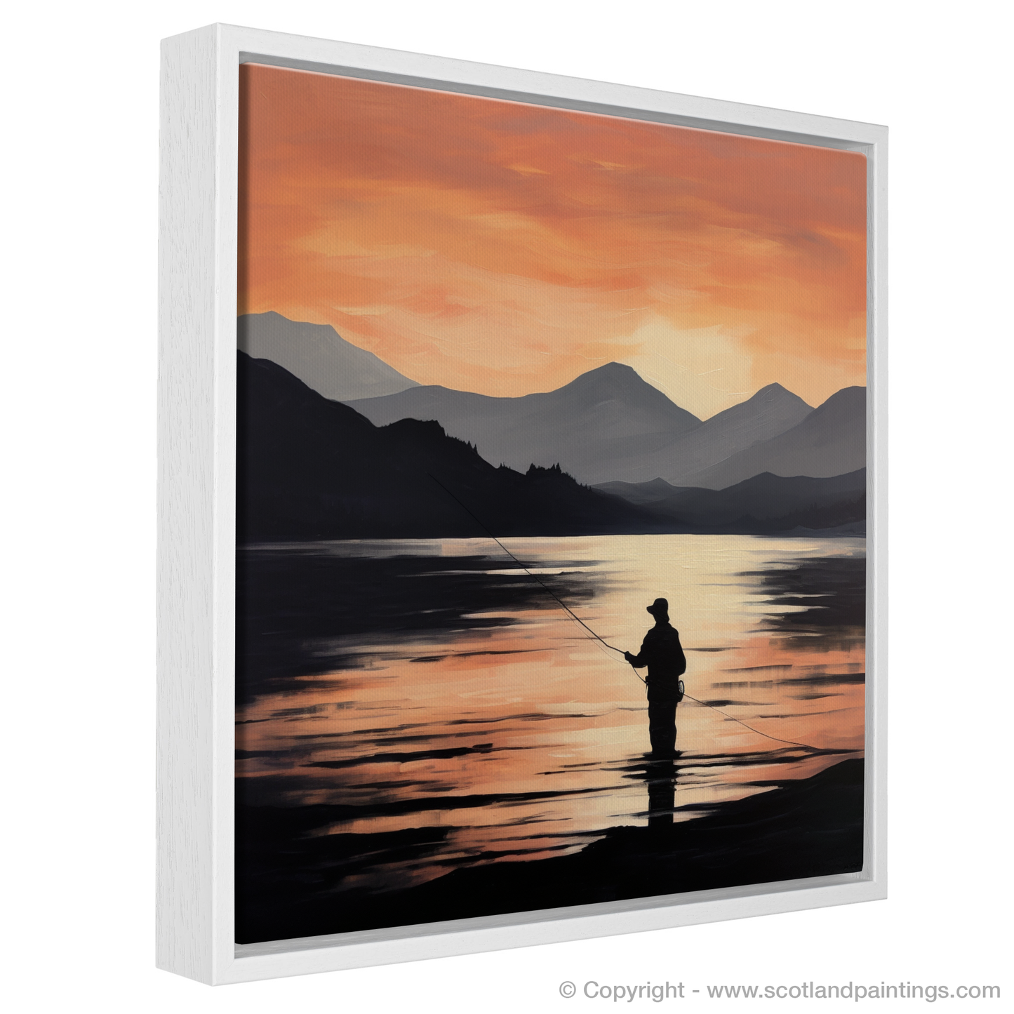 Painting and Art Print of Silhouetted fisherman on Loch Lomond entitled "Silhouetted Fisherman at Dusk on Loch Lomond".