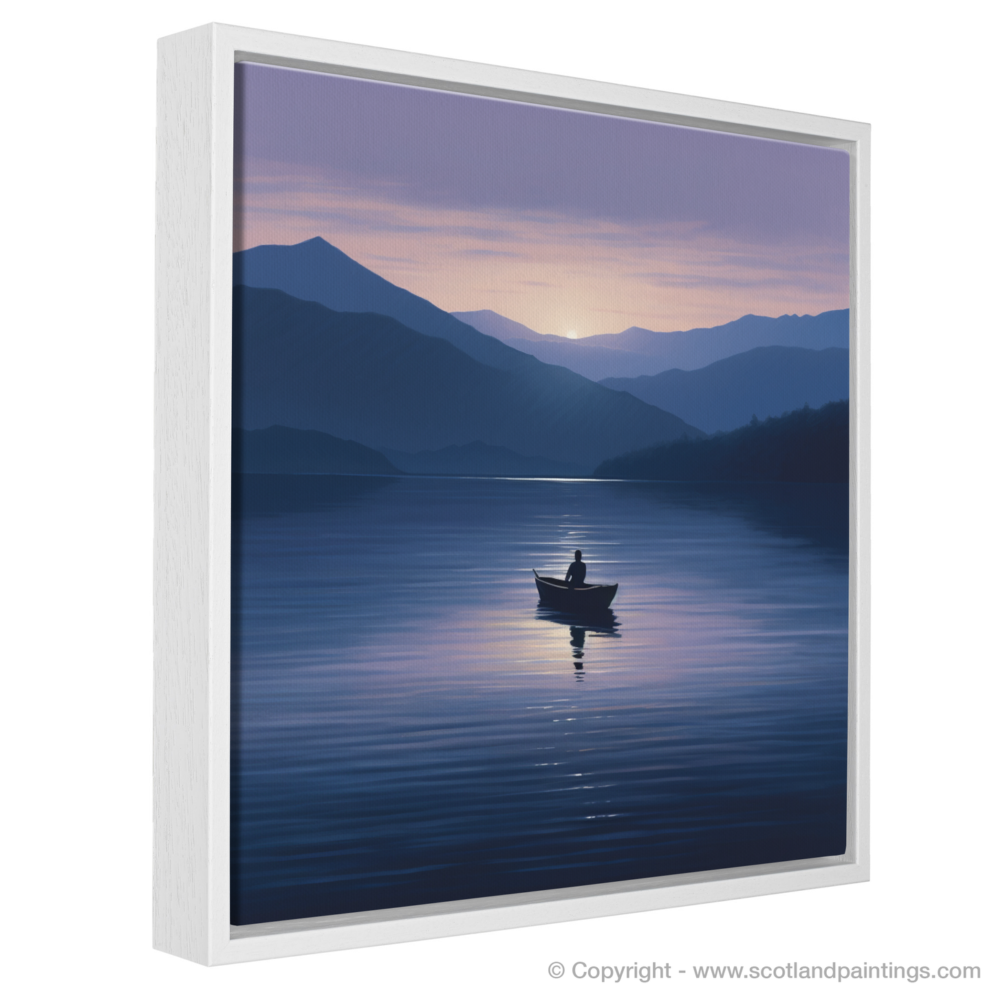 Painting and Art Print of Lone rowboat on Loch Lomond at dusk entitled "Twilight Serenity on Loch Lomond".