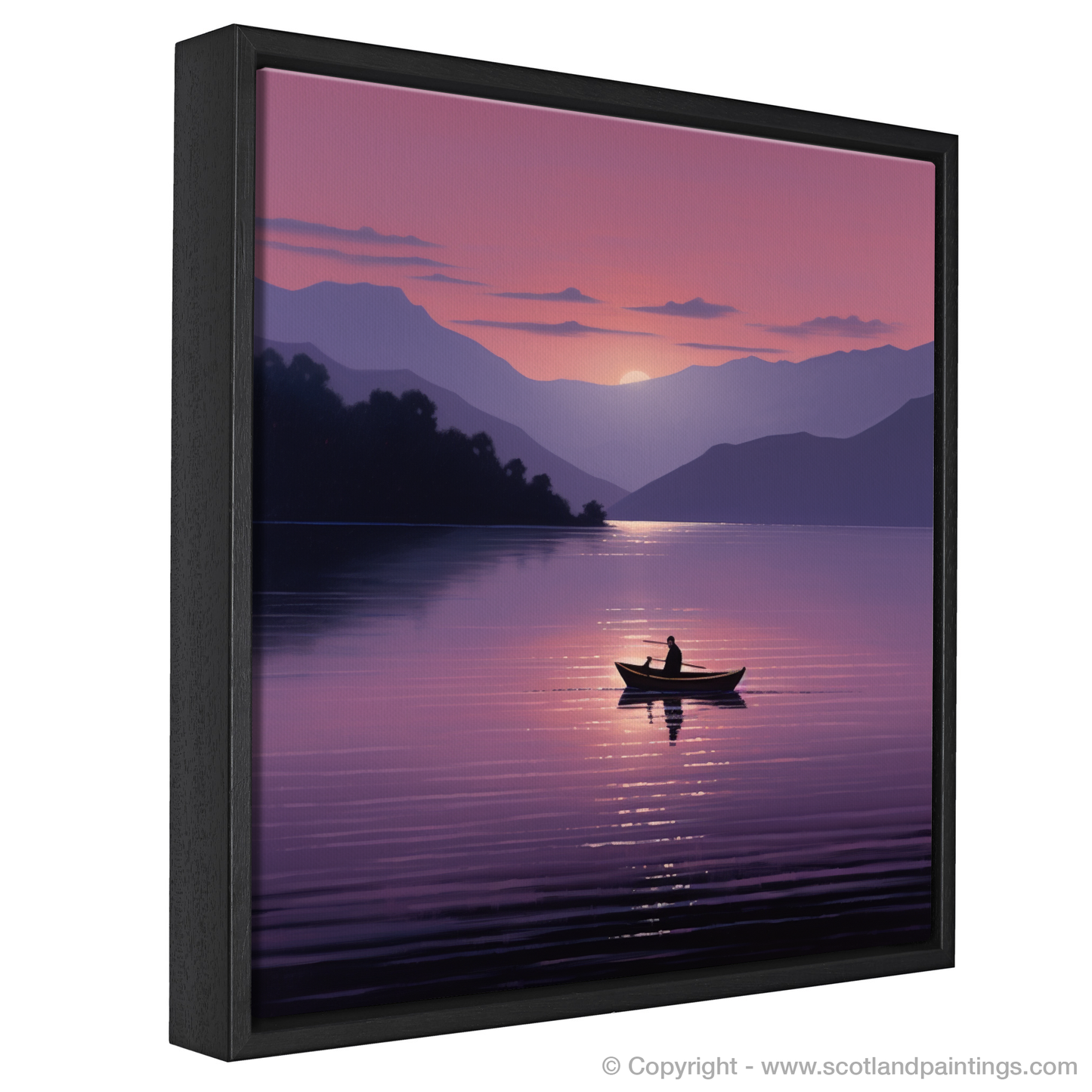 Painting and Art Print of Lone rowboat on Loch Lomond at dusk entitled "Dusk Adrift on Loch Lomond".