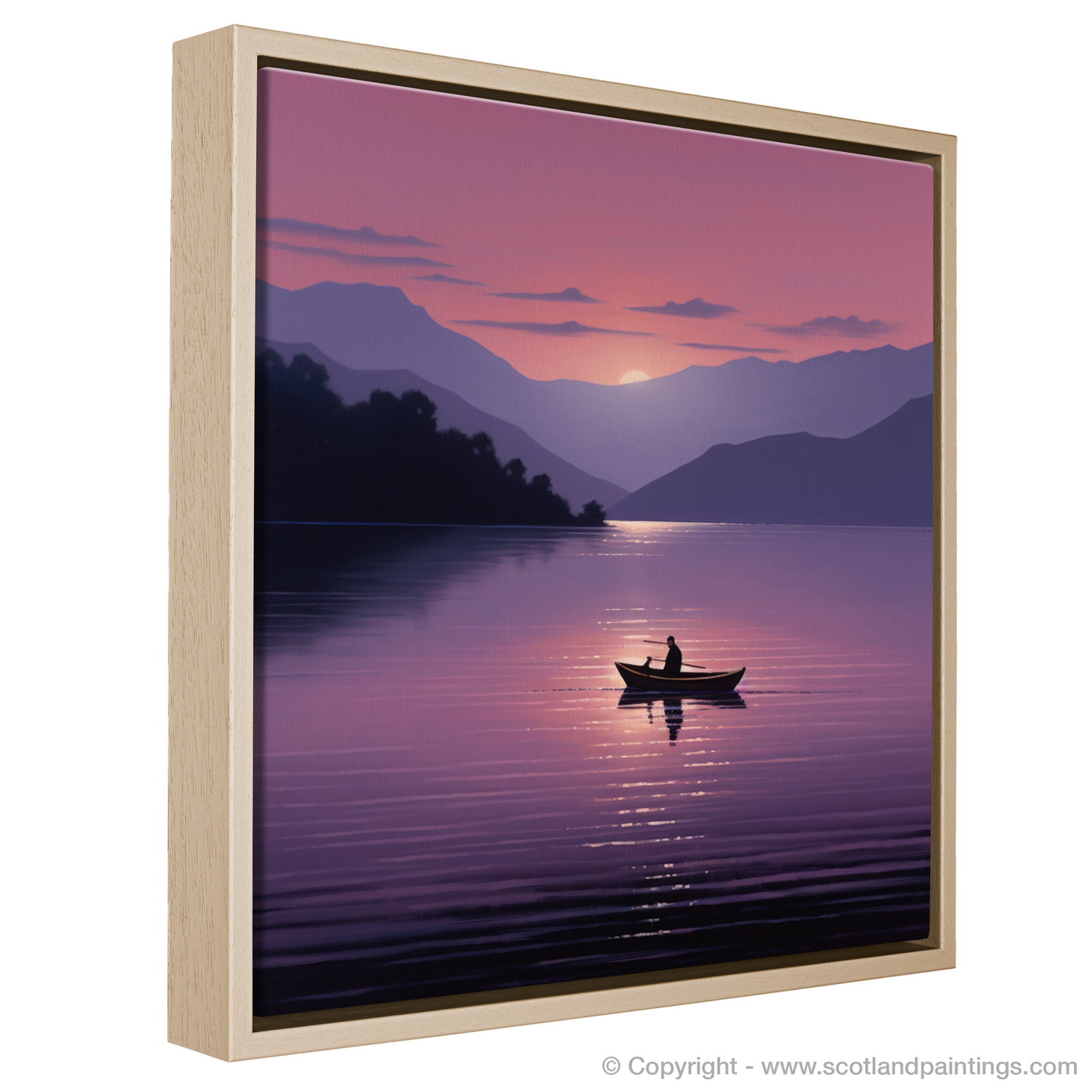 Painting and Art Print of Lone rowboat on Loch Lomond at dusk entitled "Dusk Adrift on Loch Lomond".