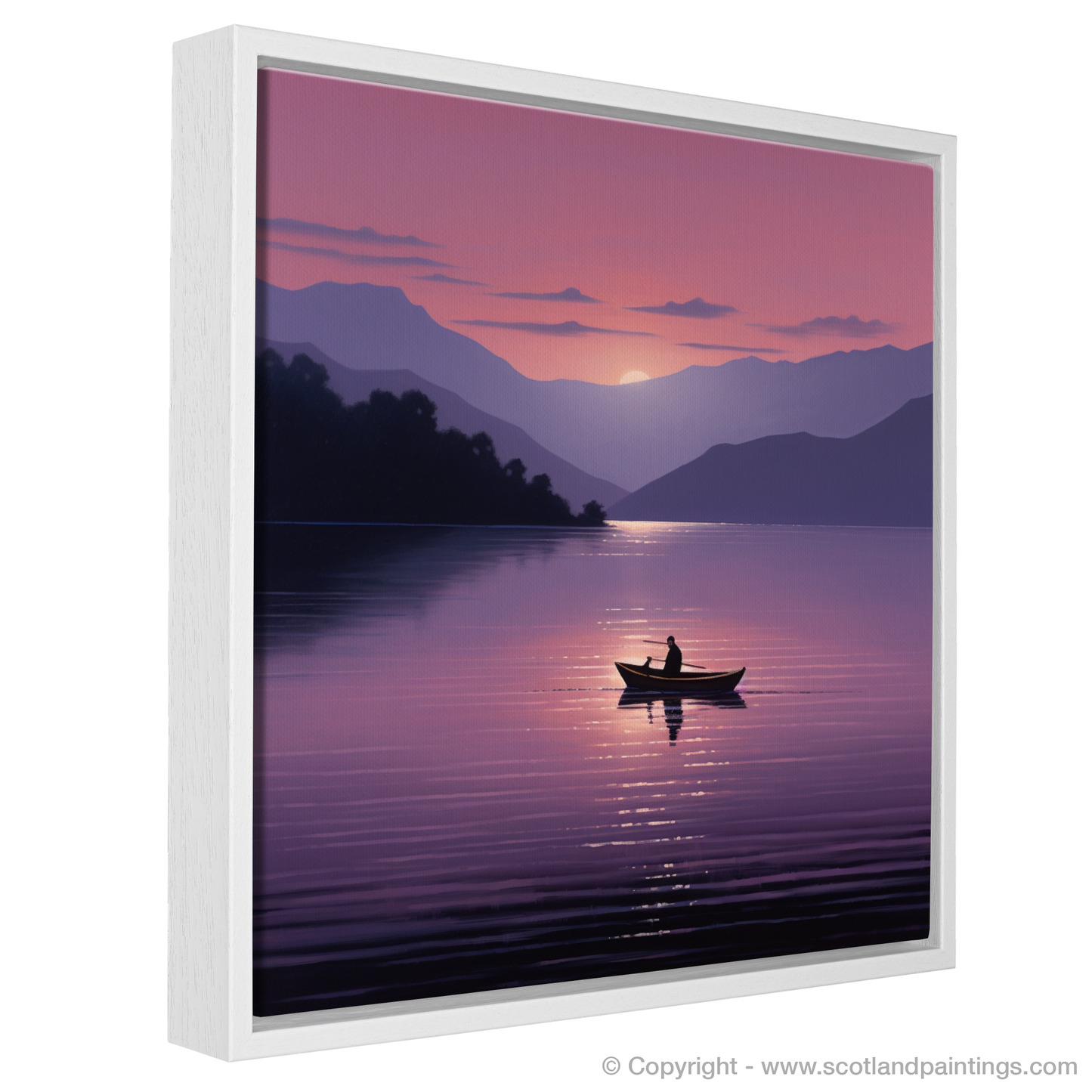 Painting and Art Print of Lone rowboat on Loch Lomond at dusk entitled "Dusk Adrift on Loch Lomond".